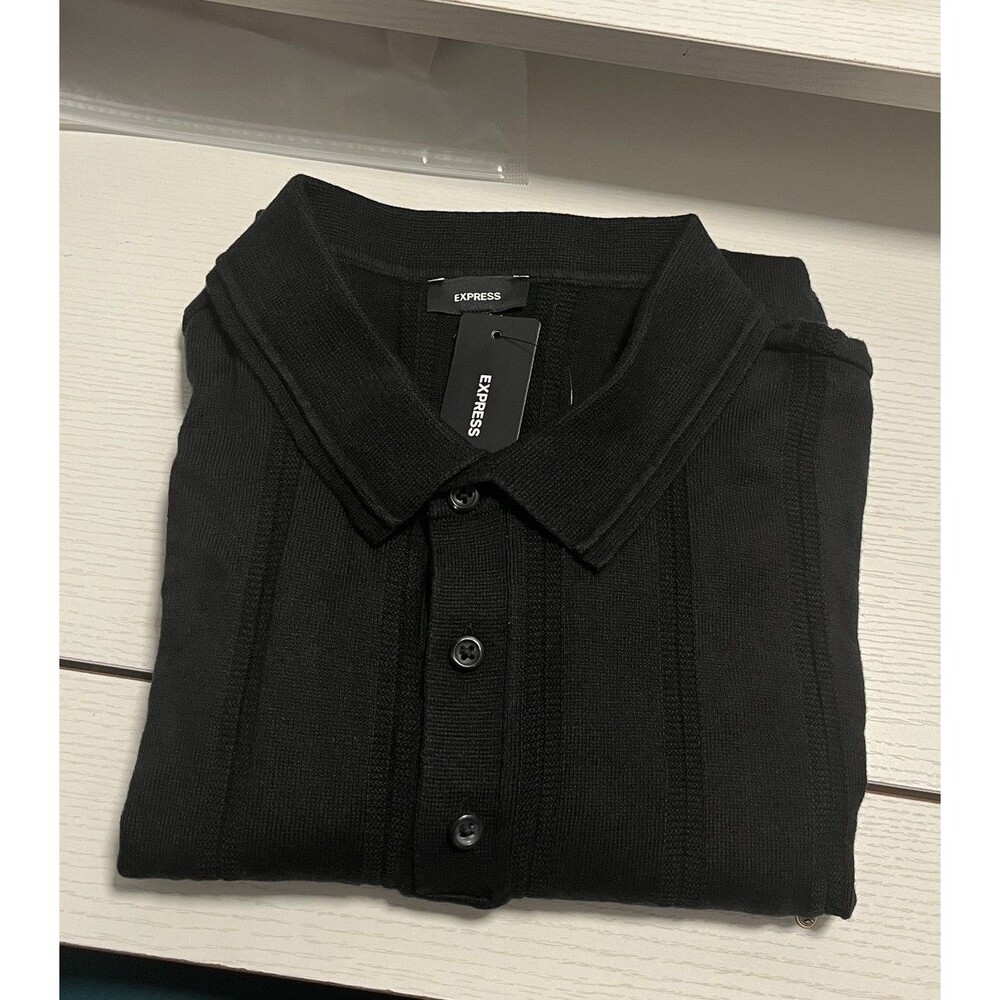NWT Express Men's Black Ribbed Sweater Polo Shirt Knit Cotton Sz XL